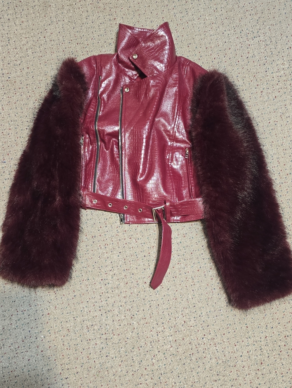 Burgundy Faux Leather Moto Jacket with Faux Fur Sleeves